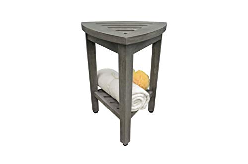 CoastalVogue Snazzy Corner Gray Teak Shower Bench with Storage Shelf | Crafted from 100% solid plantation teak, this corner shower seat resists moisture and outperforms bamboo