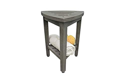 CoastalVogue Snazzy Corner Gray Teak Shower Bench with Storage Shelf | Crafted from 100% solid plantation teak, this corner shower seat resists moisture and outperforms bamboo