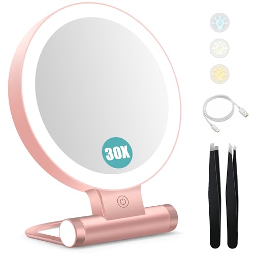 Magnifying Mirror with Light 30X, Double-Sided 1X/30X Magnifying Makeup Mirror with Tweezer, 2000mAh 3 Colour Modes with Adjustable Brightness,Foldable Compact Travel Mirror(Rose Gold) - color: Rosegold