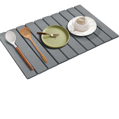 Large Stone Dish Drying Mat for Kitchen Counter, 24''x16'' Quick Dry Stone Dishes Mat, Foldable & Absorbent Diatomaceous Earth Dish Dryer Pad (Grey)