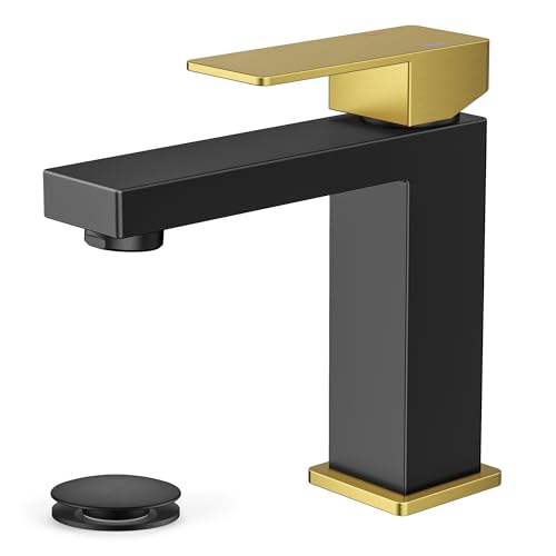 FORIOUS Bathroom Faucet 1 Hole, Single Handle Vanity Faucets Black and Gold | For 1 or 3 Hole 4 Inch Centerset Sink, with Pop-up Drain, NSF61 Certificate, Single Handle Faucet for Sink Vanity RV Restroom - color: Black and Gold, size: Short