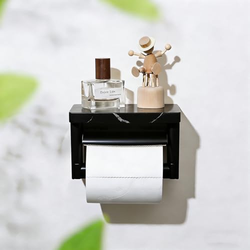 Toilet Paper Holder with Shelf- with Toilet Paper Cutting Function, Modern Toilet Paper Holder Wall Mounted for Bathroom Washroom (Marble Black&Black, Single) - color: Marble Black&black, size: Single