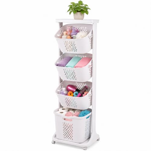 Japard Rolling Laundry Hamper Ultra Slim 22.9 Gal, 4 Sorter Vertical Stackable Baskets with Wheels for Small Space, Dorm, Closet, Bathroom, Easy Assembly White Gray - size: 4 Tier