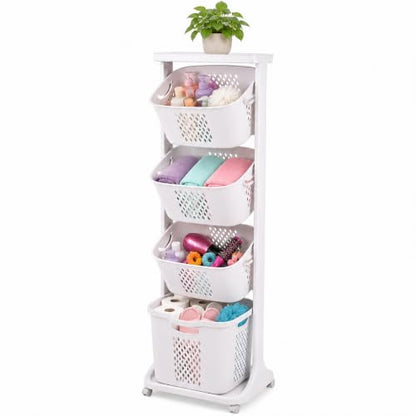 Japard Rolling Laundry Hamper Ultra Slim 22.9 Gal, 4 Sorter Vertical Stackable Baskets with Wheels for Small Space, Dorm, Closet, Bathroom, Easy Assembly White Gray - size: 4 Tier