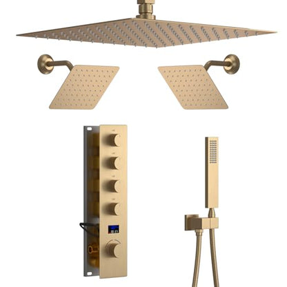 Brushed Gold Shower System with 3 Rain Shower Head(12+8+8 inch), Handheld Spray, 4 Way Smart Temperature Display Shower Faucet set - color: Brushed Gold, size: 12+8+8 inch