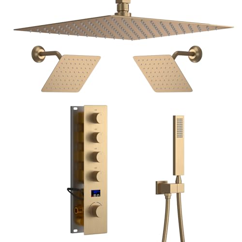 Brushed Gold Shower System with 3 Rain Shower Head(12+8+8 inch), Handheld Spray, 4 Way Smart Temperature Display Shower Faucet set - color: Brushed Gold, size: 12+8+8 inch