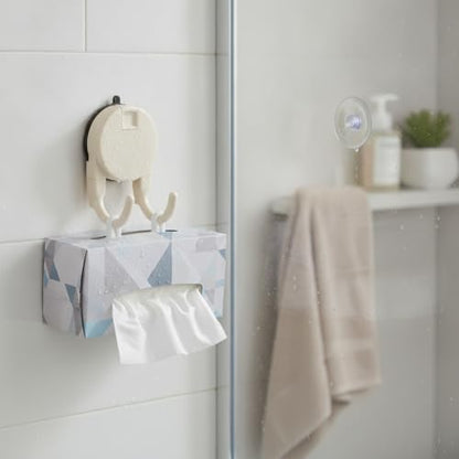Suction Cup Tissue Box Holder for Bathroom, Wall Mount Dispenser with Double Hooks for Tile & Glass, No Drilling Required (Gray/White) - color: White