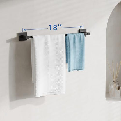 RUACQ Towel Bar 18" Towel Racks for Bathroom Wall Mounted, Matte Black | One-Piece Bath Towel Holder, Total Length 20 Inch Single Towel Rod, 304 Stainless Steel Rustproof, Square Base, Heavy Duty - color: Matte Black, size: 18 inch(Center to Center) Singl