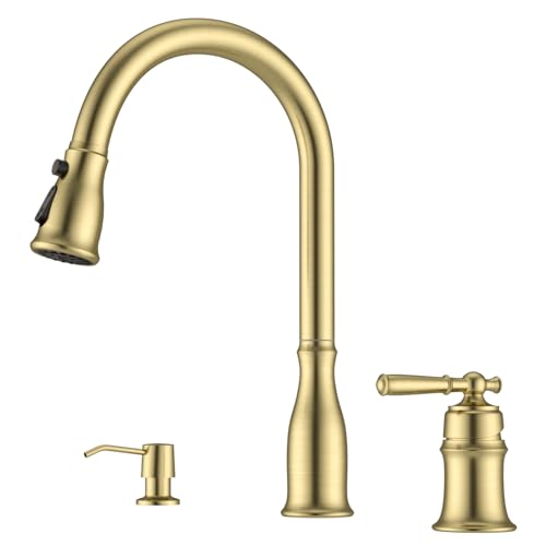 DAYONE Gold Kitchen Sink Faucets with Soap Dispenser and Separate Handle 3 Holes, 2 Holes Pull Down Brushed Gold Sink Faucet for Kitchen, Single Handle High Arc, DAY-CR272 - color: Brushed Gold, style: 3 Holes