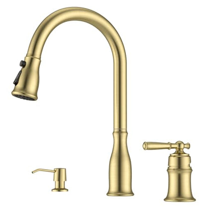 DAYONE Gold Kitchen Sink Faucets with Soap Dispenser and Separate Handle 3 Holes, 2 Holes Pull Down Brushed Gold Sink Faucet for Kitchen, Single Handle High Arc, DAY-CR272 - color: Brushed Gold, style: 3 Holes