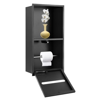 2 Tier Bathroom Wall Niche, Toilet Paper Holder with Shelf, Recessed Stainless Steel Organizer for Bathrooms, Living Rooms, Bedrooms, 8.54x4.92x16.54in (Black) - color: Black