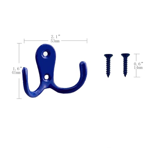 2 Pcs Double Prong Robe Hooks, Dual Coat Hooks Wall Mounted Hanging Clothes for Bathroom Bedroom Door Wall Retro Metal Cloth Hanger Double Coat Hooks with 4 Screws (Blue) - color: Blue