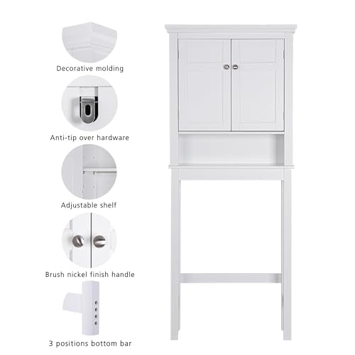 Spirich Over The Toilet Storage Cabinet, White Bathroom Organizer | Shaker Doors, Open & Hidden Storage, Adjustable Interior Shelf, FSC-Certified MDF, Anti-Tip Fitting, Adjustable Crossbar