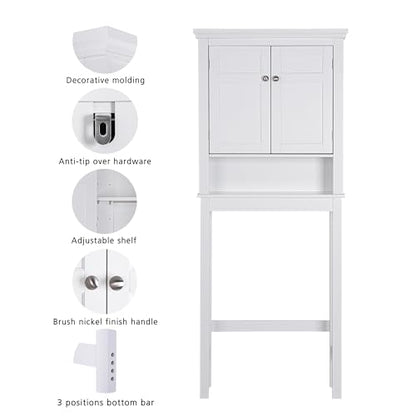 Spirich Over The Toilet Storage Cabinet, White Bathroom Organizer | Shaker Doors, Open & Hidden Storage, Adjustable Interior Shelf, FSC-Certified MDF, Anti-Tip Fitting, Adjustable Crossbar