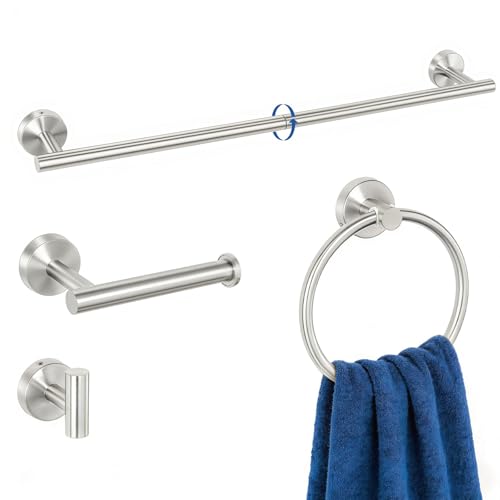 HOMOTEK 4 Pieces Bathroom Accessories Hardware Set, 24 inch Towel Bar, Towel Ring, Robe Hook, Toilet Paper Holder, Stainless Steel Rack Kit Wall Mounted, Brushed Stainless Steel - color: Brushed Stainless Steel