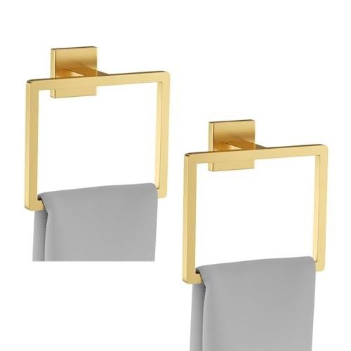 2-Piece Brushed Gold Towel Ring,Square Hand Towel Holder,Stainless Steel Modern Towel Holder Wall-Mounted Bathroom Towel Ring Towel Rack - color: Brushed Gold, size: 2 Pcs
