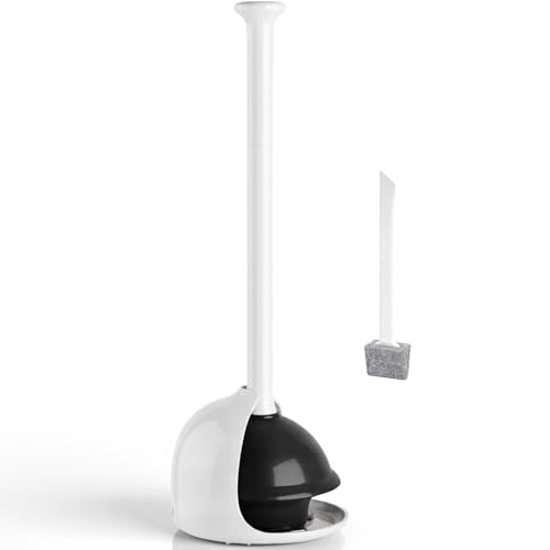 FORASTO Toilet Plunger with Holder, Heavy Duty Covered Storage for Bathroom | 18.8" white, resilient rubber cup, sleek space-saving profile, discreet restroom decor, drip-catching holder base - color: White