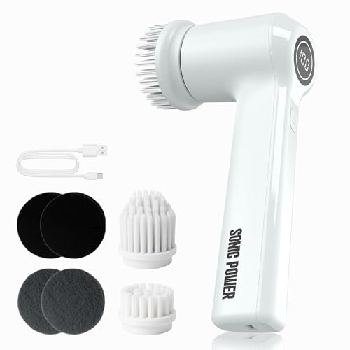 SonicPower Electric Spin Scrubber – Handheld & Ergonomic, IPX7 Waterproof, 4 Multi-Purpose Brush Heads, Long-Lasting Rechargeable Battery – Cleans Dishes, Bathroom, Tile, Grout & Kitchen (White) | Hard, Corner, Scour, Sponge - color: White