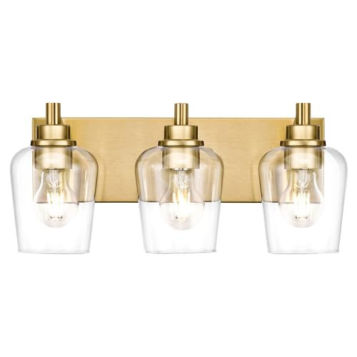 3-Light Brushed Gold Bathroom Vanity Light, Wine Clear Glass Shades | 17" modern bathroom light fixtures over mirror, E26 base, bulbs not included, VL155-BG-3 - color: Brushed Gold, Wine Glass Shade, size: 3-light