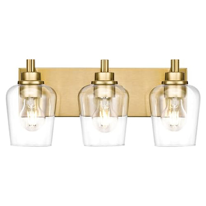 3-Light Brushed Gold Bathroom Vanity Light, Wine Clear Glass Shades | 17" modern bathroom light fixtures over mirror, E26 base, bulbs not included, VL155-BG-3 - color: Brushed Gold, Wine Glass Shade, size: 3-light