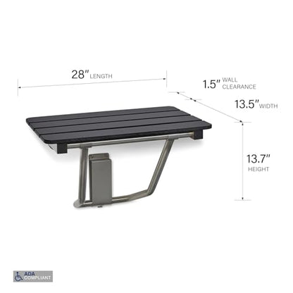 28-inch x 15-inch ADA Folding Wall Mount Bathroom Shower Seat Bench, Black Slatted Phenolic Seat - color: Black, size: 28"