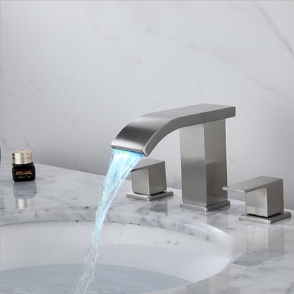 Bathroom faucets 3 Hole Widespread Brushed Nickel Bathroom Sink Faucet 8 inch LED Light Modern 3 Hole Vanity Faucet Bathroom with Pop Up Drain (Brushed Nickel) - color: Brushed Nickel