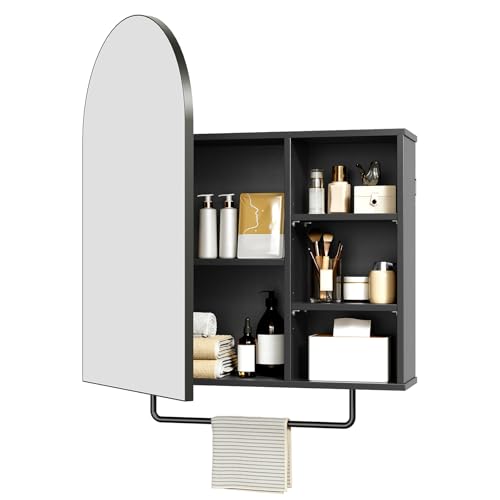 Arched Bathroom Medicine Cabinet Mirror with Storage, Modern Arch Mirrored Cabinets, Wall-Mounted Vanity with 2 Adjustable Shelves & Towel Bar, Not Recessed, Black - color: Black