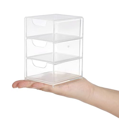 Hipiwe Clear Acrylic Drawer Organizer Bathroom Qtip Holder with 3 Drawers | Clear Desk Drawers Box for Cotton Pad, Cotton Swabs, Makeup Storage Drawer Bathroom Counter Organizer for Home Office