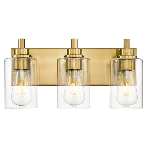 3-Light Brushed Gold Bathroom Vanity Light, Clear Cylinder Glass | 16.5" modern bathroom light fixtures over mirror, E26 base, bulbs not included, VL143-BG-3 - color: Brushed Gold, Cylinder Glass Shade, size: 3-light