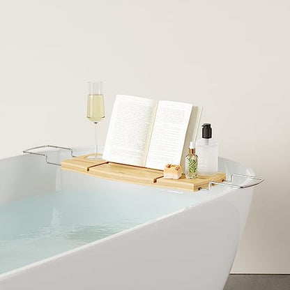 Umbra Aquala Bath Caddy, Extendable Bathtub Tray with Phone Holder, Natural | Bamboo, non-slip silicone arms, fits most tubs, waterproof, holds book and wine glass - color: Natural