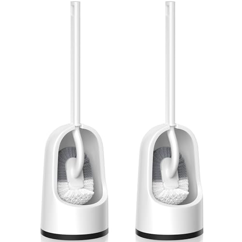 Toilet Brush, 2 Pack Toilet Brush and Holder Set with Durable Curved BristlesToilet Scrubber, Toilet Bowl Brush with Extra Long Handle,Toilet Cleaner with Caddy for Bathroom Deep Cleaning (2, White)