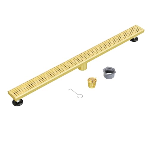 Neodrain 36" Linear Shower Drain, Gold 304 SS Bathroom Linear Drain,cUPC | Gold Shower Drain with Quadrato Grate& Adjustable Feet, Long Rectangle Shower Floor Drain in Bathroom, Balcony etc - color: Golden, size: 36 In