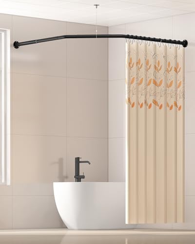 Corner Shower Curtain Rod Diamond Shaped, [22"-34.3"]x20"x[22"-34.3"] Heavy-Duty NEO Angle Shower Pole for Bathroom Bathtub with 12 Hooks & Ceiling Support - size: [22"-34.3"]x20"x[22"-34.3"]