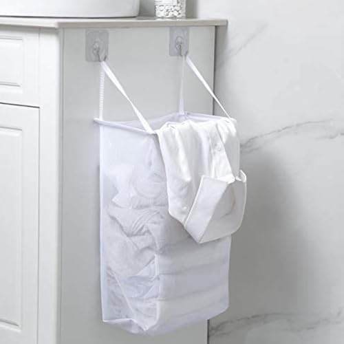 2 Pack Mesh Hanging Laundry Hamper Bag Over The Door Closet Organizer Hanging Clothes Basket Folding Door Hooks with Handles White laundry bag
