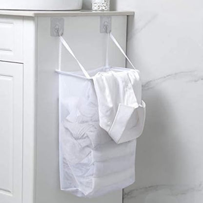2 Pack Mesh Hanging Laundry Hamper Bag Over The Door Closet Organizer Hanging Clothes Basket Folding Door Hooks with Handles White laundry bag
