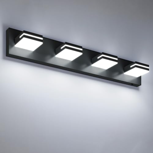 VOLISUN Modern 30-Inch Black Bathroom Vanity Light Fixtures, 4-Light, Cool White LED, Wall Mount, Touch Control - color: Matte Black-6000K, size: 30-Inch