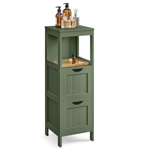 VASAGLE Storage Cabinet, Storage Organizer Rack Stand for Bathroom, Living Room, Multifunctional Corner Unit, 2 Drawers, 35 Inches in Height, Forest Green UBBC042C01 - color: Forest Green, size: 35"H