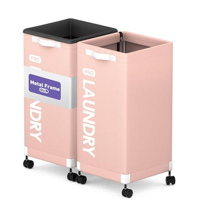 Caroeas Next-Gen 105L Matel Frame Laundry Basket with wheels, Heavy Duty Tall Rolling Laundry Hamper with Removable Wash Bag, Collapsible Freestanding Clothes Hamper For Laundry Room (105L,Pink,2Pack) - color: Pink - 2 Pack