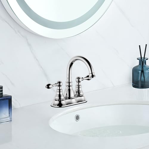Chrome 4 Inch Centerset Bathroom Sink Faucet 3 Hole with Pop up Drain | Derengge High Arc Classic 2-Handle Bathroom Faucet, Vanity Lavatory Faucet with 360° Swivel Spout，F-4501-CP - color: Polished Chrome