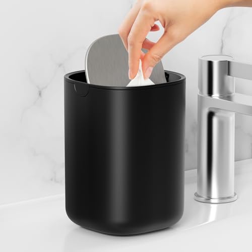 CEROELDA Mini Desktop Trash Can with Swing-Top Lid, 0.4 Gal/1.5L Tabletop Trash Can, Small Wastebasket for Bathroom Countertop, Vanitie, Coffee Area, or Office (Black) - color: Black