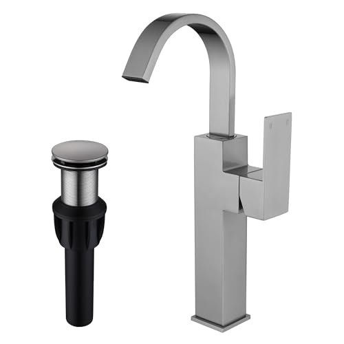 Brushed Nickel Single Handle Tall Bathroom Faucet，Vessel Sink Faucet Waterfall Bathroom Faucet Single Hole Lavatory Vanity Tap Single Hole Bar Sink Faucet with Pop Up Drain and Supply Lines,SL50044BN - color: Brushed Nickel, size: Tall