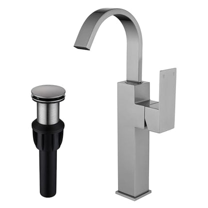 Brushed Nickel Single Handle Tall Bathroom Faucet，Vessel Sink Faucet Waterfall Bathroom Faucet Single Hole Lavatory Vanity Tap Single Hole Bar Sink Faucet with Pop Up Drain and Supply Lines,SL50044BN - color: Brushed Nickel, size: Tall