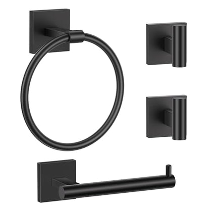 Towel Ring Set 4 Piece Bathroom Hardware Set Includes Towel Ring 2 Towel Hooks and Toilet Paper Holder Stainless Steel Wall Mounted (Matte Black) - color: Matte Black, size: Set C