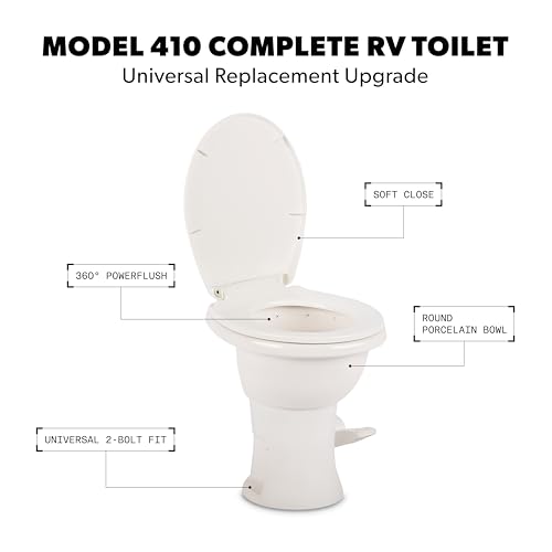 Dometic Model 410 Complete RV Toilet – Round Porcelain Bowl, Universal Fit & 2-Bolt Mount, 18" Chair Height Residential-Style, Gravity Flush Toilet with Soft-Close Seat, White (9610008259) | Universal Fit & 2-Bolt Mount, 18" Chair Height Residential-Style