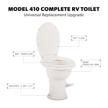 Dometic Model 410 Complete RV Toilet – Round Porcelain Bowl, Universal Fit & 2-Bolt Mount, 18" Chair Height Residential-Style, Gravity Flush Toilet with Soft-Close Seat, White (9610008259) | Universal Fit & 2-Bolt Mount, 18" Chair Height Residential-Style