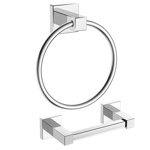 FORIOUS Toilet Paper Holder and Towel Ring Set, Bathroom Accessories Set | Chrome | Double Post Pivoting Toilet Paper Holder Wall Mounted and Towel Ring | SUS304 Stainless Steel | Round & Square - color: Chrome, size: Square & Round