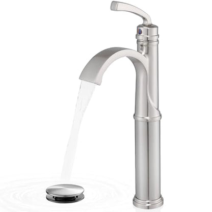 Bathroom Vessel Sink Faucet Brushed Nickel, Brass Tall Waterfall Bathroom Faucet 1 Hole Bathroom Sink Faucet Single Handle Bathroom Faucets with Water Lines Pop-Up Drain - color: Brushed Nickel
