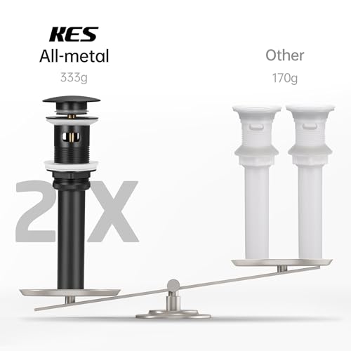 KES Bathroom Sink Drain with Overflow Pop Up Matte Black Brass & Stainless | 304 Stainless Steel & Brass Pop-Up, Rustproof 3-Piece Anti-Leak Seal, Fits 1.6-1.9" Hole, Adapter & PTFE Tape Included - color: Matte Black, style: With Overflow, 1 Pack
