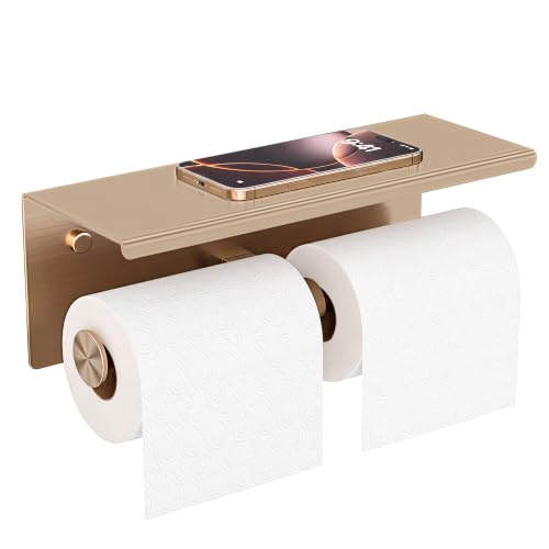 FORIOUS Toilet Paper Holder with Shelf, Commercial Toilet Paper Dispensers | Champagne Gold | Wall Mount Bathroom Tissue Holder | SUS304 Stainless Steel Rustproof | Double Tissue Roll Holder - color: Champagne Gold
