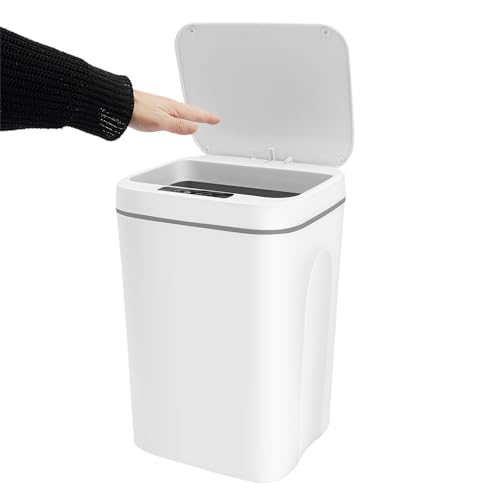 Touchless Trash Can 4 Gallon, Motion Sensor Automatic Trash Can with LED Light, IPX5 Waterproof Smart Waste Bin for Kitchen Bathroom Bedroom, White Rectangular Garbage Can, 8.66x7.87Inch